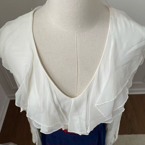 Vintage 70s Calderon Blue White Red Maxi Dress Long Sleeve S M - Picture 9 of 12